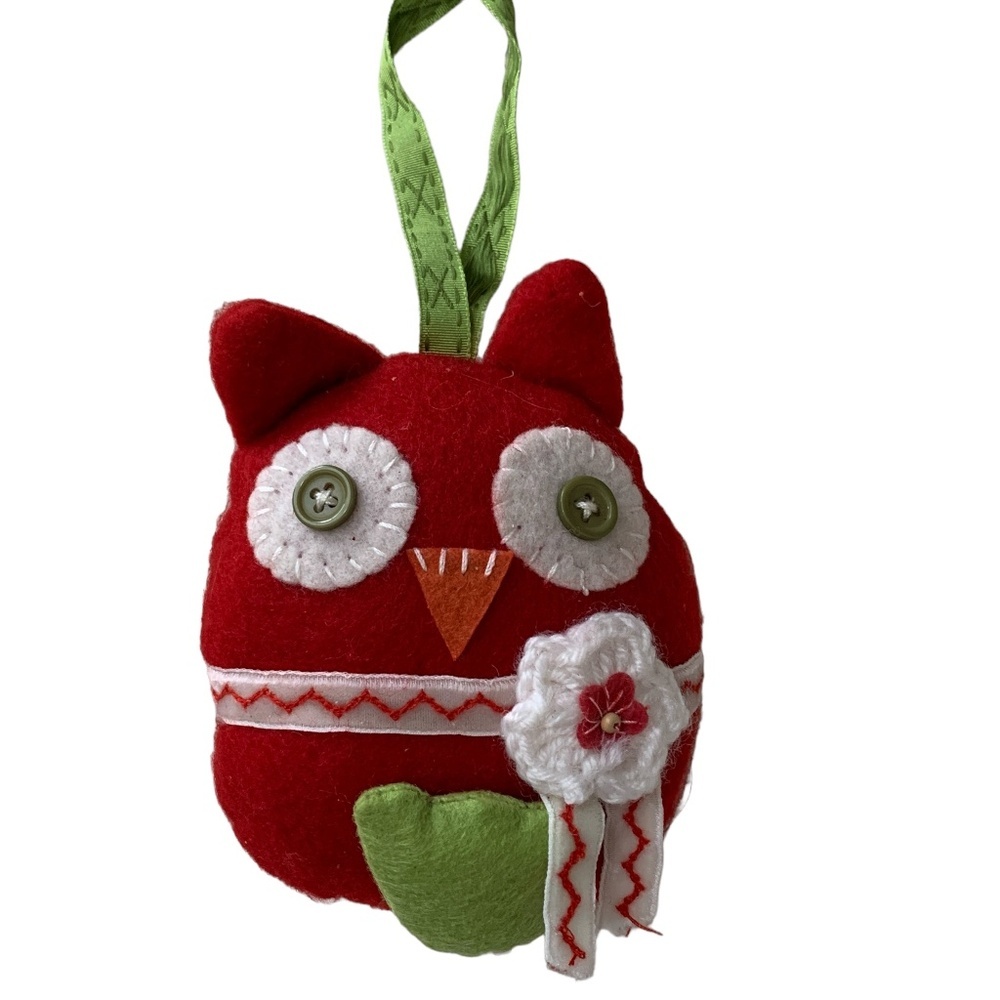 Felt Cloth Owl Christmas Tree Ornament Red Folk Art Holiday Bird Decor